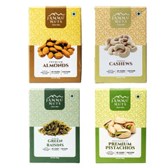Four boxes of Jammu Nuts with different types of nuts on a white background